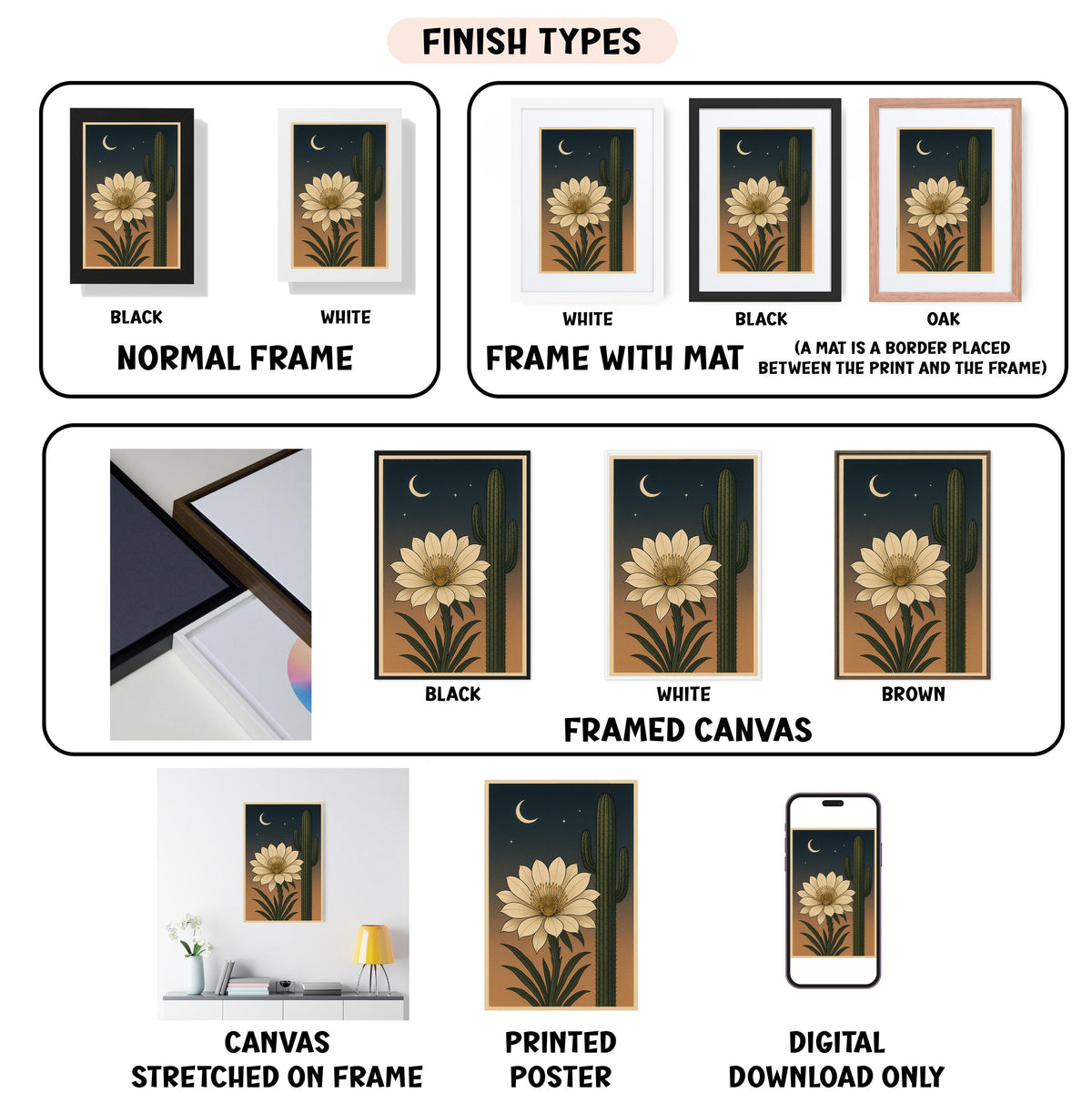 various finish types for a framed artwork, including a normal frame, a frame with a mat, a black frame, a white frame, a black frame, a white frame with a mat, a brown frame, a framed canvas, a stretched canvas, a printed poster, and a digital download only.