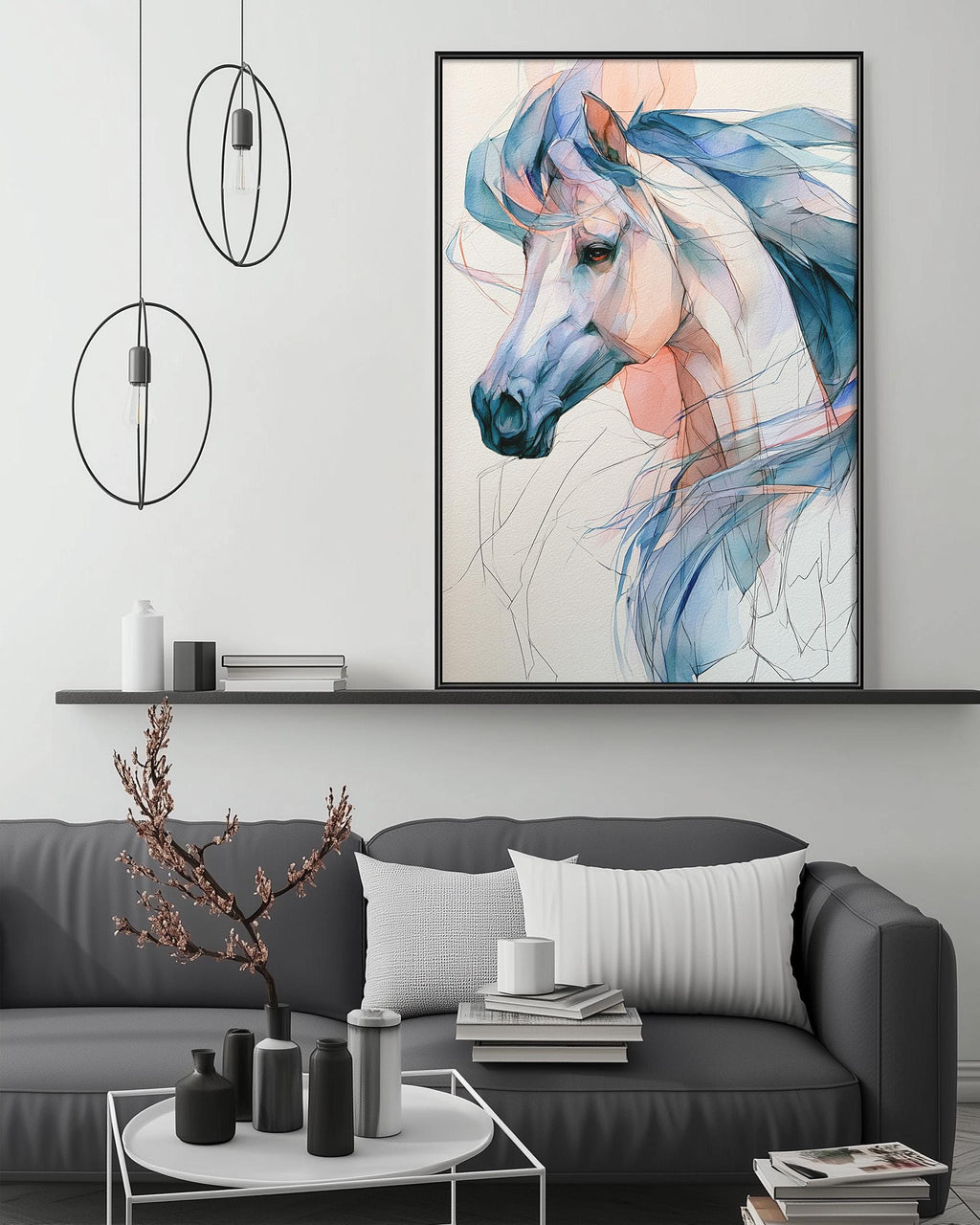 a large, colorful painting of a horse's head hanging on a wall above a gray couch in a modern living room setting.