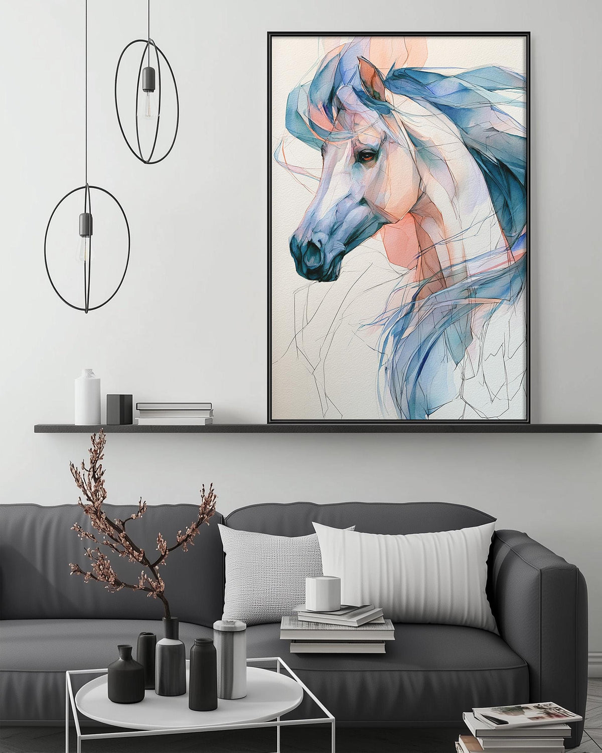 a large, colorful painting of a horse's head hanging on a wall above a gray couch in a modern living room setting.
