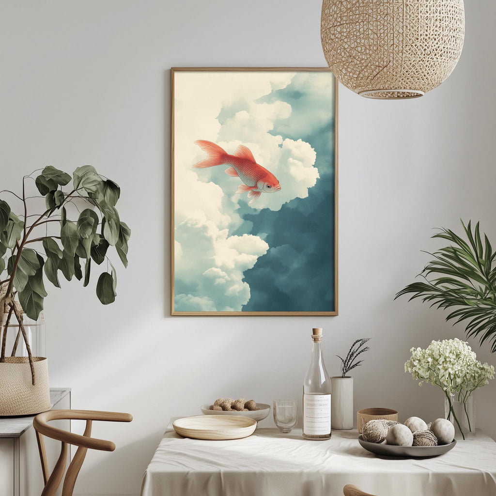 a dining table with a white tablecloth, a bowl of fruit, a bottle, and a vase with flowers. Above the table, there is a framed picture of a fish in the sky.