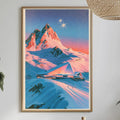 a framed painting of a snowy mountain landscape with a starry sky, hanging on a wall above a dining table with various decorative items and plants.
