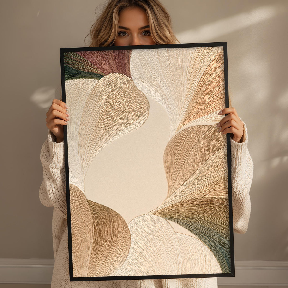 A woman holding a framed artwork with abstract patterns in shades of brown and beige.