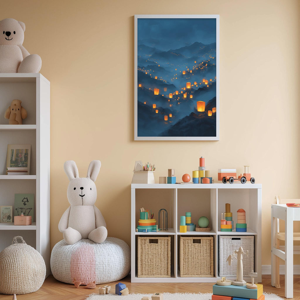 A cozy children's room with a large stuffed bunny, a bookshelf, and a toy chest filled with toys. The room has a warm, inviting atmosphere with a framed picture of a nighttime landscape hanging on the wall.