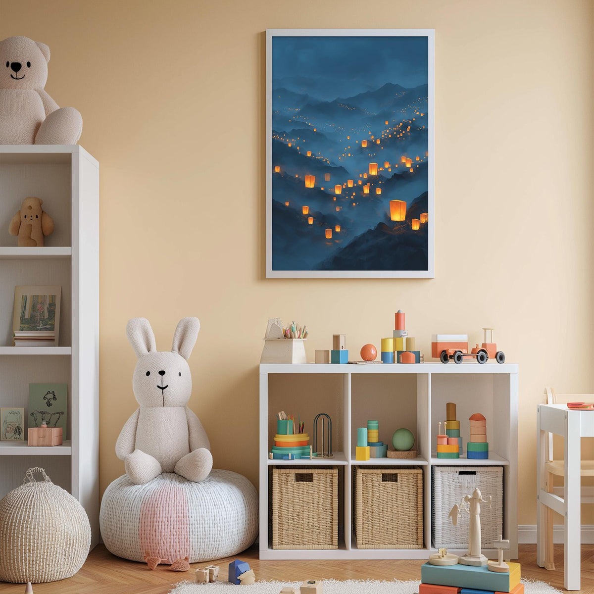 A cozy children's room with a large stuffed bunny, a bookshelf, and a toy chest filled with toys. The room has a warm, inviting atmosphere with a framed picture of a nighttime landscape hanging on the wall.