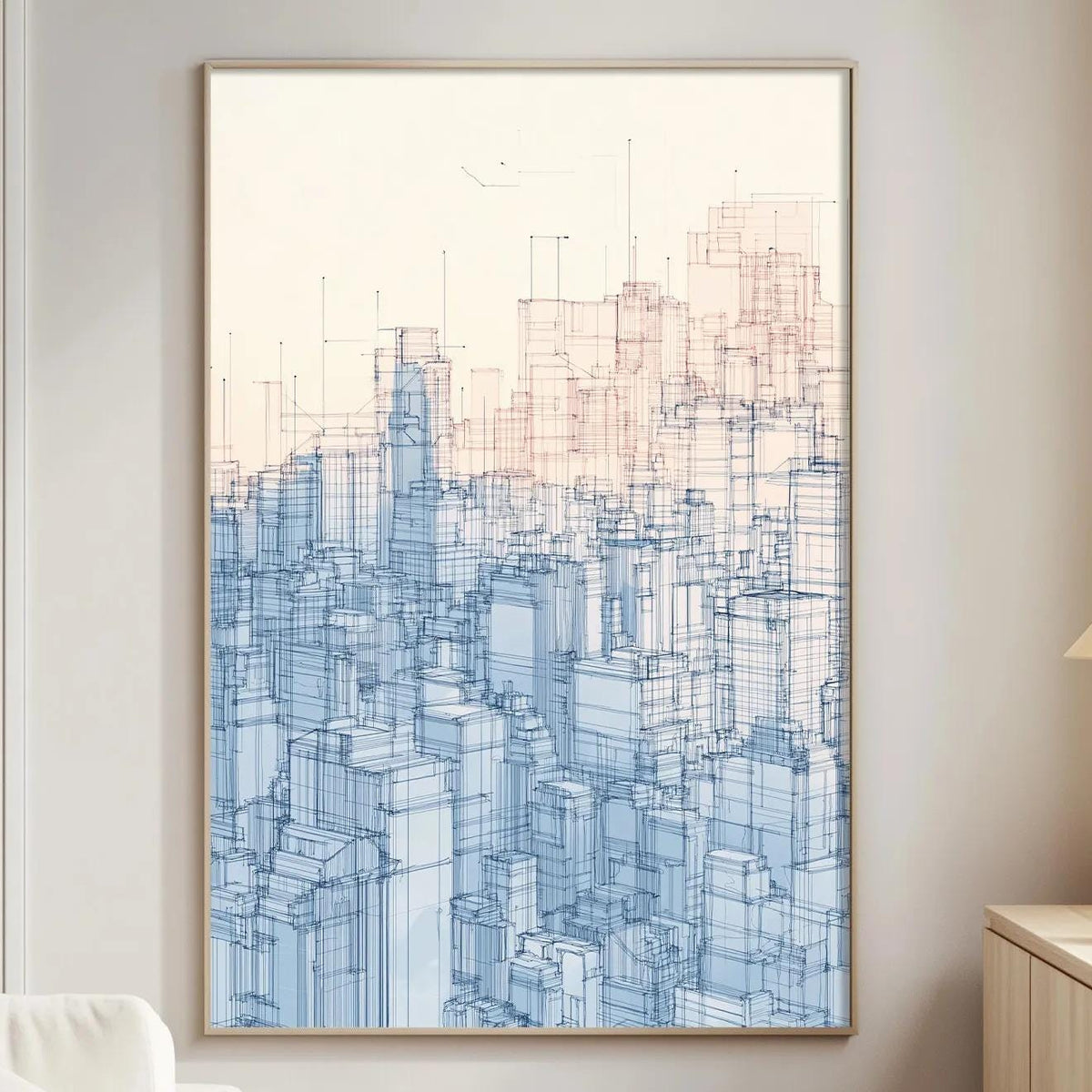a living room with a large abstract painting of a cityscape hanging on the wall. The painting has a blue and orange color scheme, creating a vibrant and dynamic visual effect. The room is furnished with a white sofa, a wooden side table, and a lamp, creating a cozy and inviting atmosphere.
