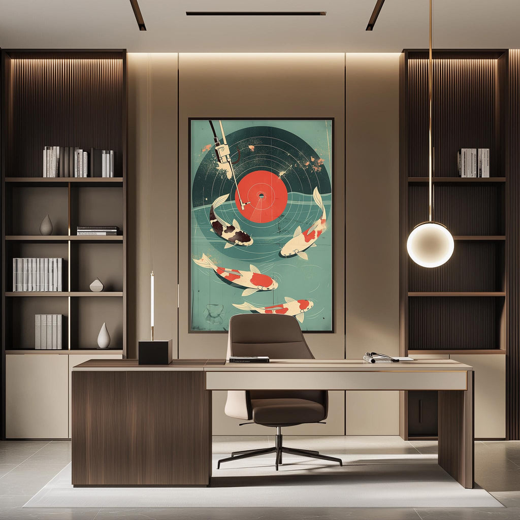 a modern and stylish office space with a large abstract painting of fish on the wall, a wooden desk with a chair, and built-in bookshelves.
