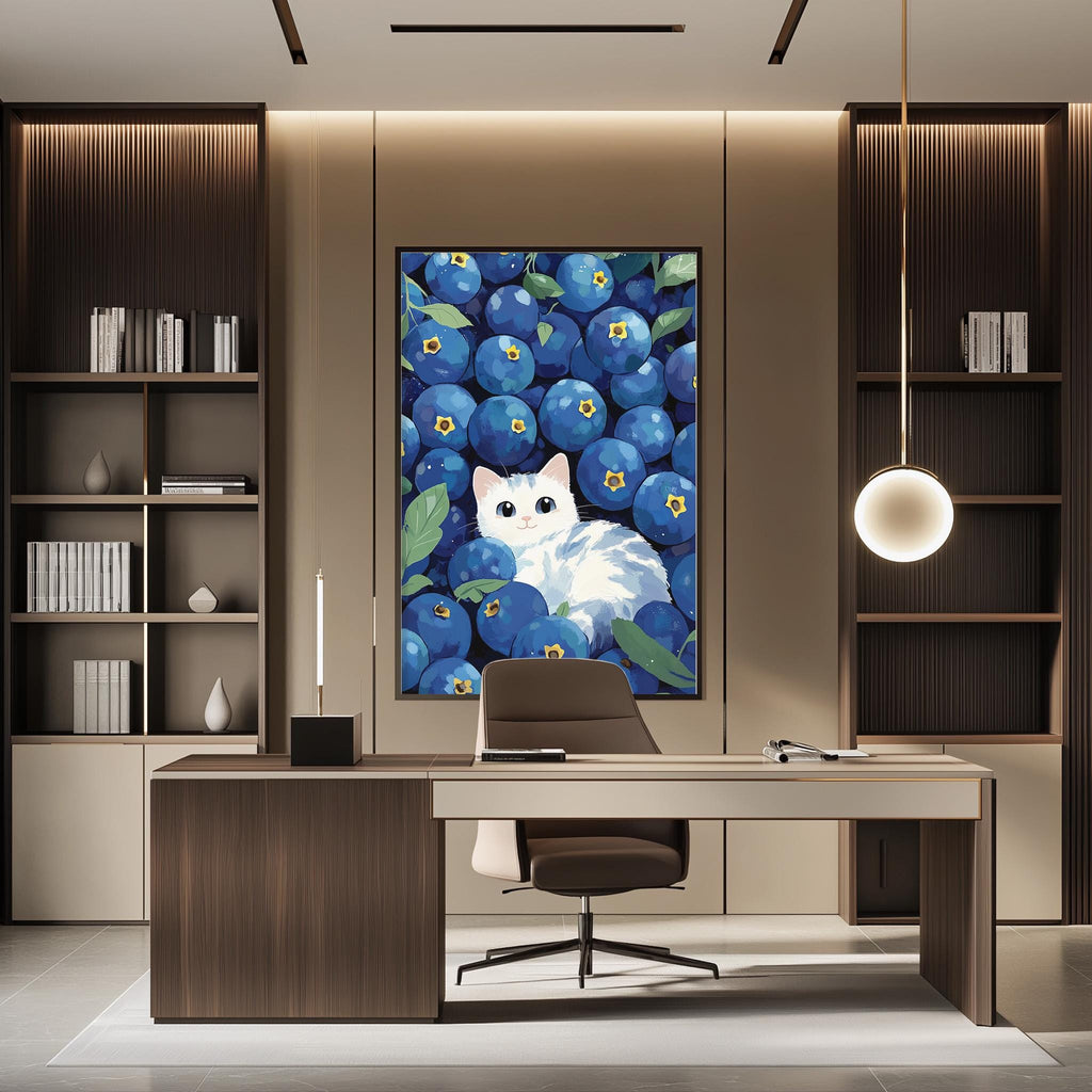 a modern office space with a large framed artwork of blueberries hanging on the wall above a desk with a chair.