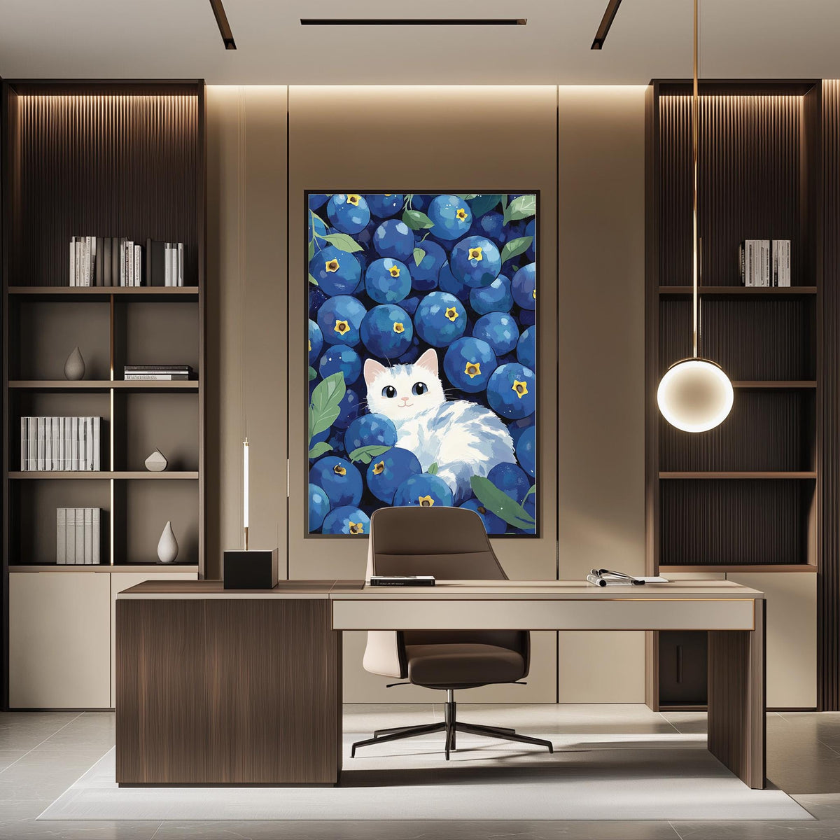 a modern office space with a large framed artwork of blueberries hanging on the wall above a desk with a chair.