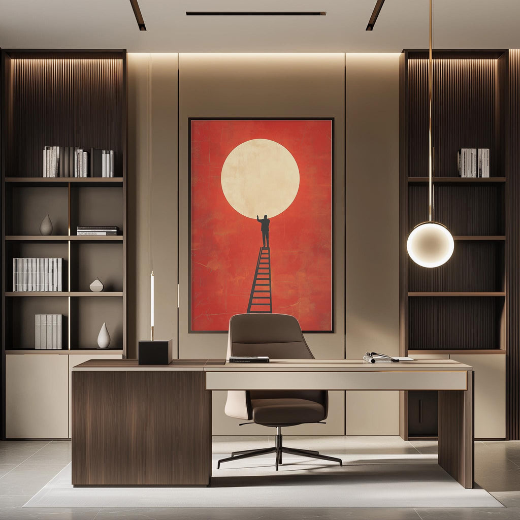 a modern and minimalist office space with a large abstract painting on the wall featuring a man climbing a ladder towards a large white circle. The office is furnished with a desk, chair, and shelving units, creating a professional and organized atmosphere.