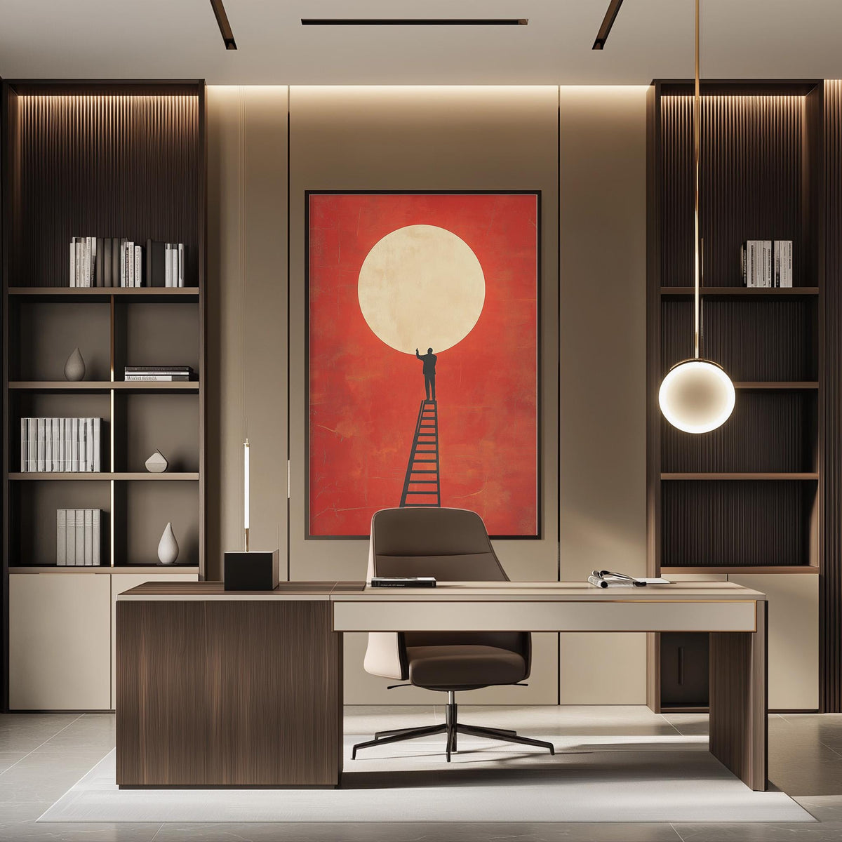 a modern and minimalist office space with a large abstract painting on the wall featuring a man climbing a ladder towards a large white circle. The office is furnished with a desk, chair, and shelving units, creating a professional and organized atmosphere.