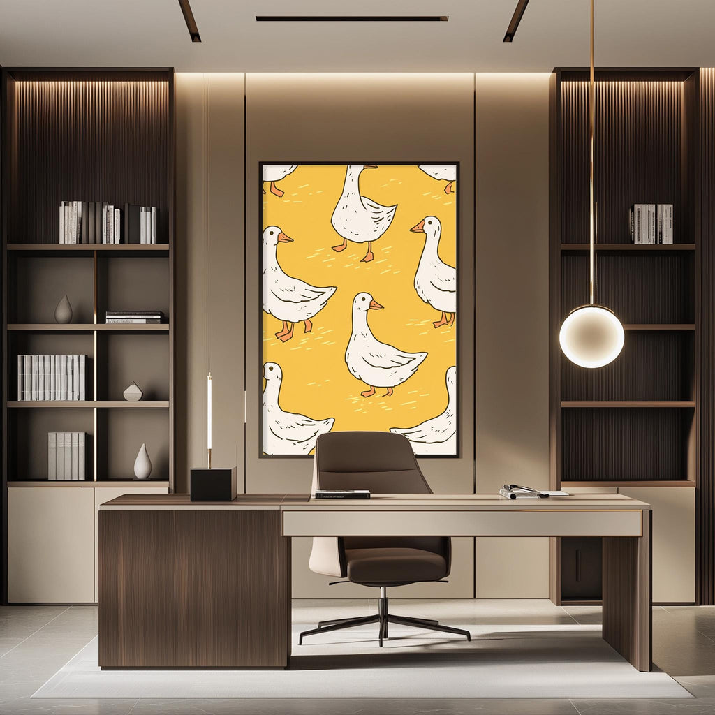 a modern office space with a large wall-mounted artwork depicting a pattern of white ducks. The office has a wooden desk, a chair, and a bookshelf filled with books. The overall design and decor create a professional and stylish atmosphere.