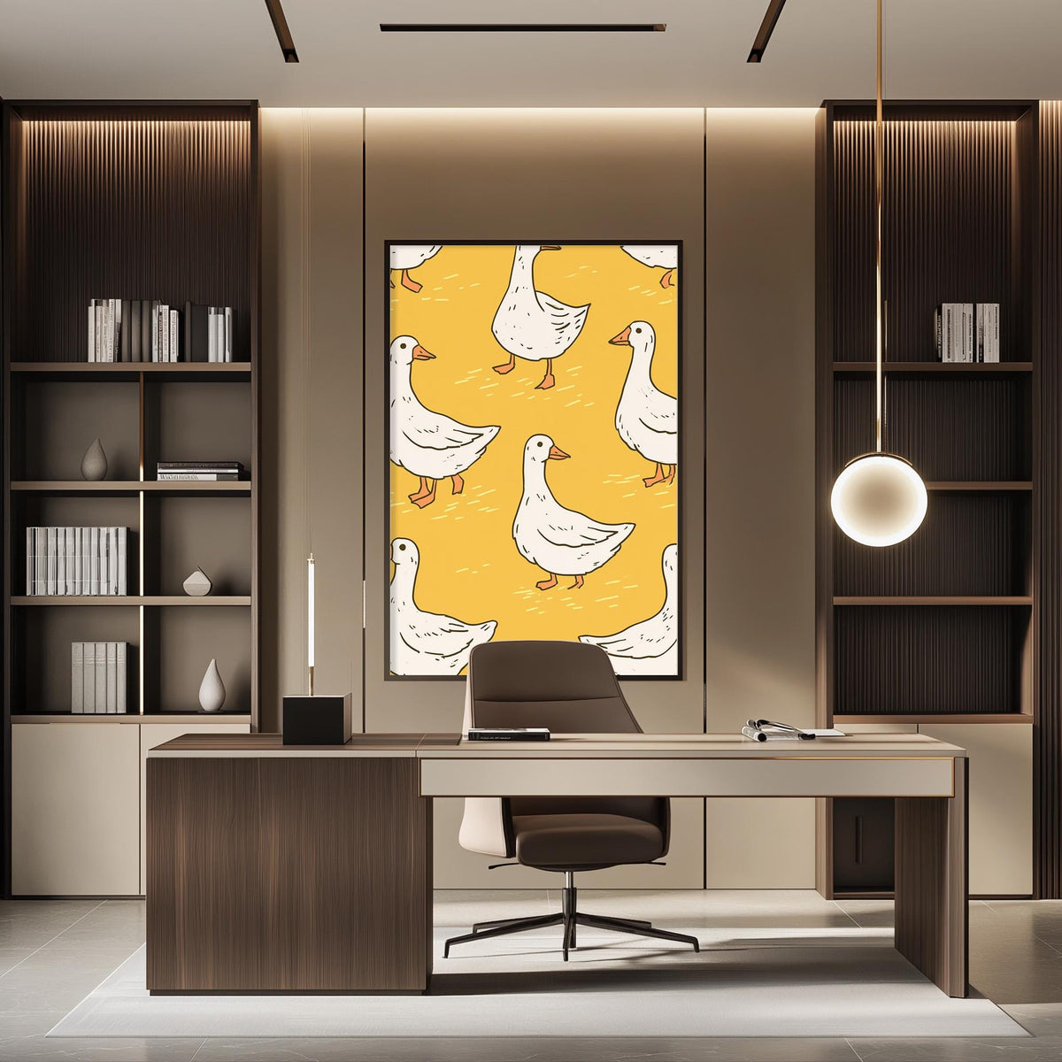 a modern office space with a large wall-mounted artwork depicting a pattern of white ducks. The office has a wooden desk, a chair, and a bookshelf filled with books. The overall design and decor create a professional and stylish atmosphere.