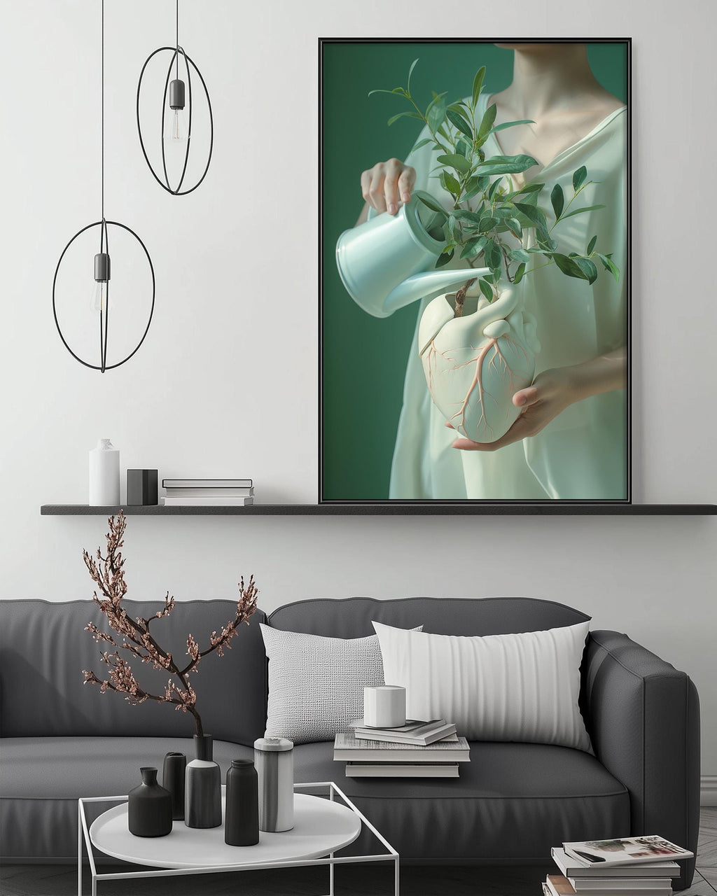 a modern living room with a gray sofa, a coffee table, and a large framed artwork depicting a person holding a plant. The artwork is hanging on the wall above the sofa, and the room has a minimalist and stylish design with pendant lights, a shelf, and decorative elements such as a plant and a vase.