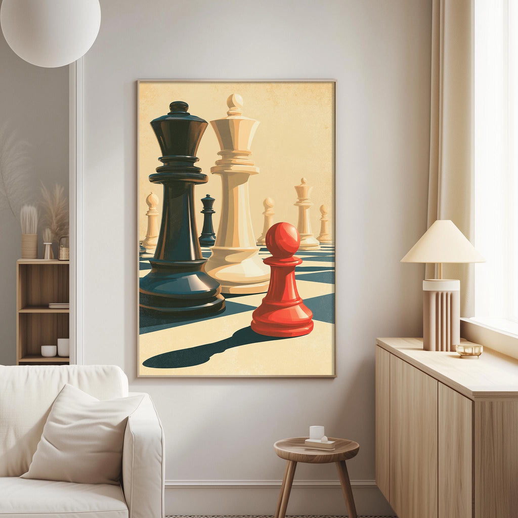 a large painting of a chessboard with a black king, a red king, and a white king, all positioned on the chessboard. The painting is displayed on a wall in a living room setting, with a white couch and a wooden side table visible in the background.