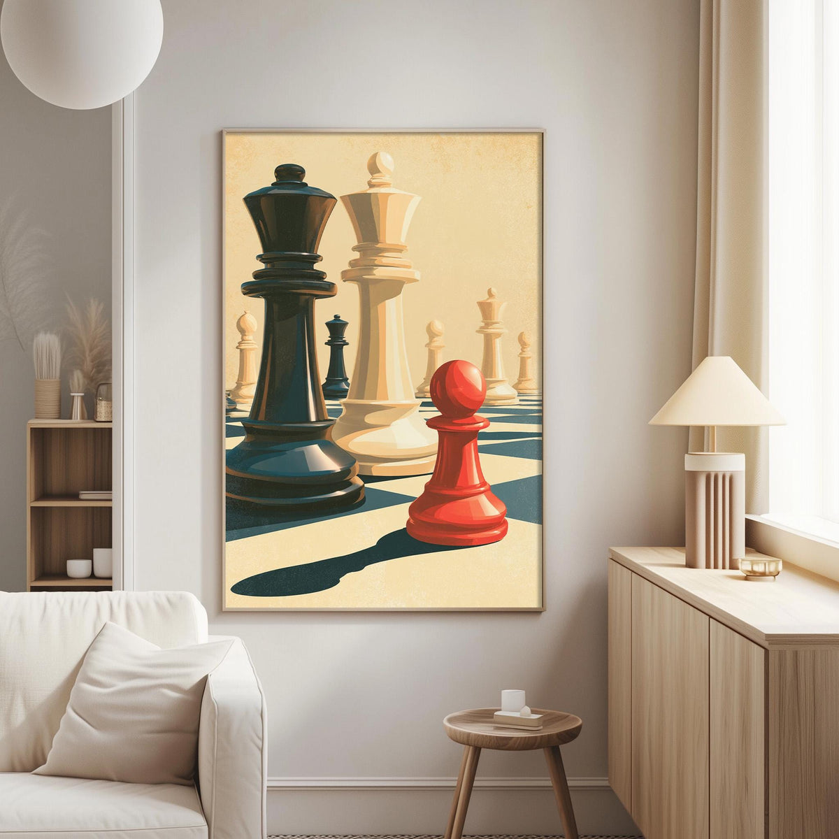 a large painting of a chessboard with a black king, a red king, and a white king, all positioned on the chessboard. The painting is displayed on a wall in a living room setting, with a white couch and a wooden side table visible in the background.