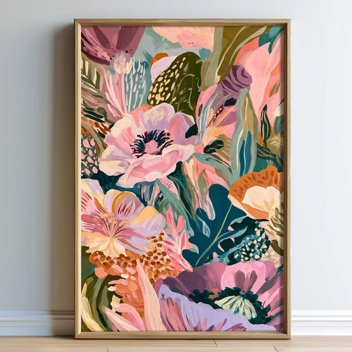 The image is a vibrant and colorful painting of a variety of flowers and foliage, including pink, orange, green, and purple hues, arranged in a visually striking composition.