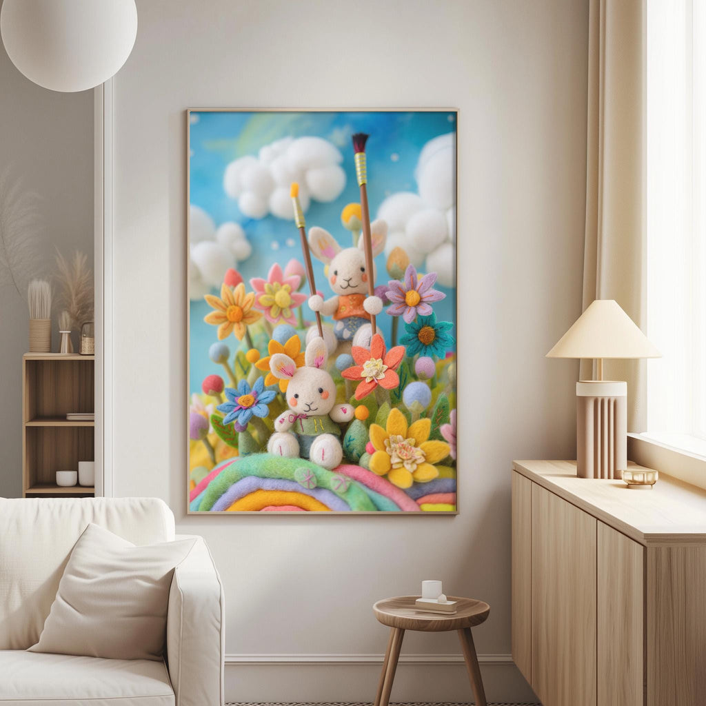 a cozy living room with a large, colorful painting of a whimsical scene hanging on the wall. The painting depicts a group of rabbits surrounded by a vibrant array of flowers and plants, creating a lively and cheerful atmosphere.