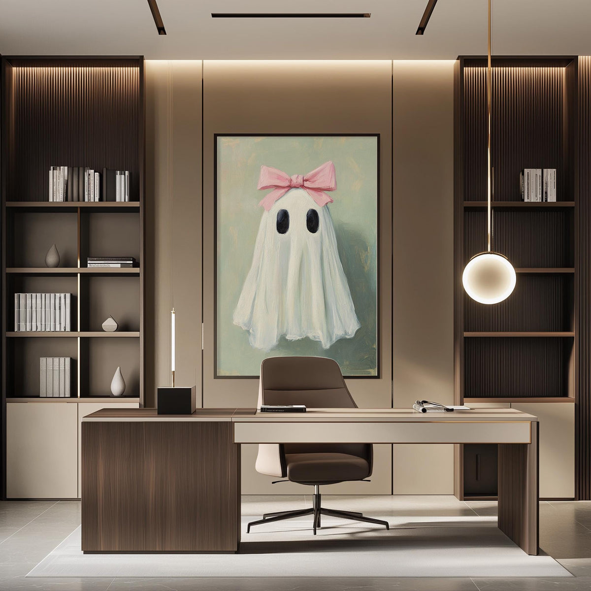 a modern office space with a desk, chair, and a large framed artwork of a ghost with a pink bow on the wall.
