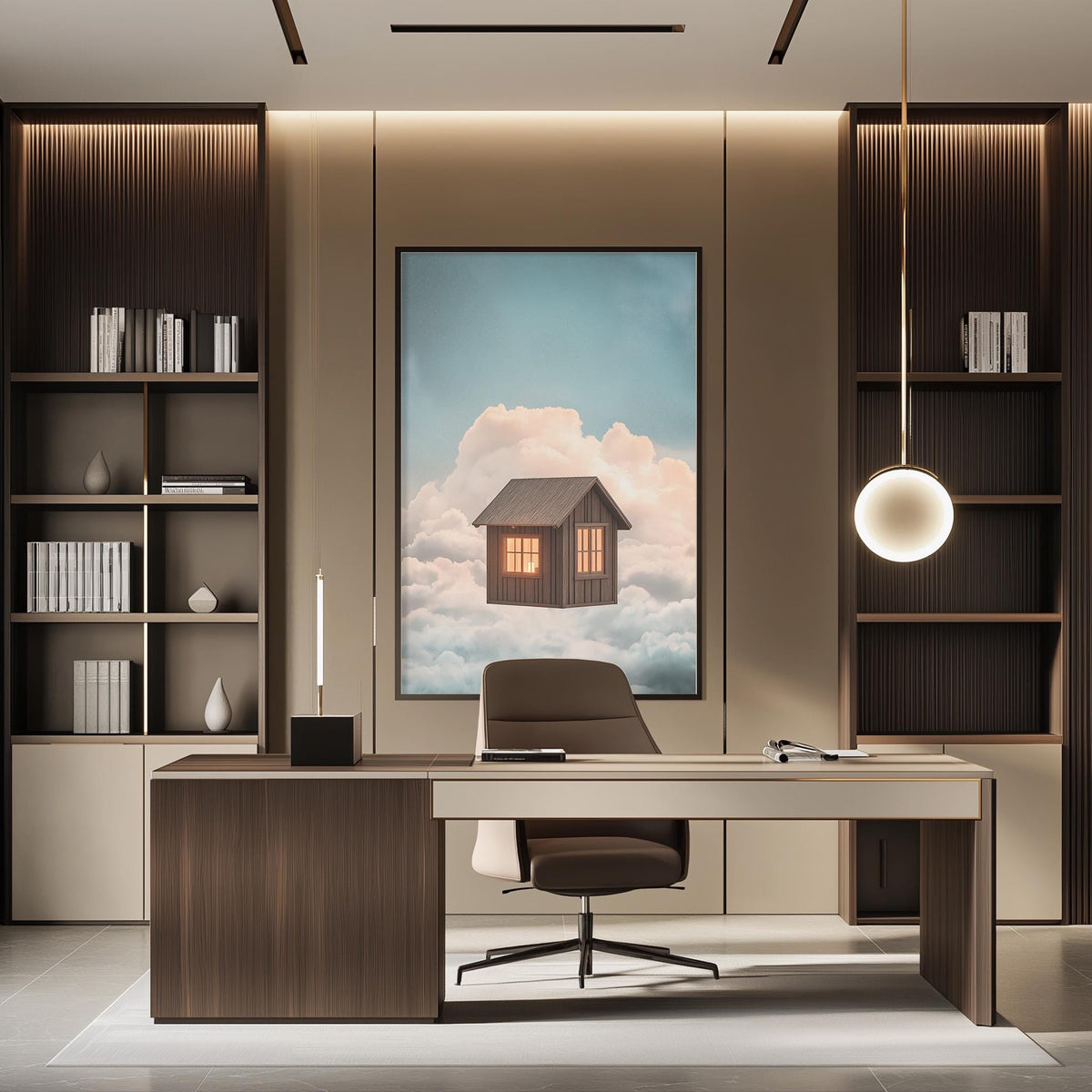 a modern and minimalist office space with a large window that offers a view of a house floating in the sky. The office features a wooden desk, a comfortable chair, and a bookshelf filled with books and decorative items. The overall design and layout of the space create a serene and creative atmosphere.