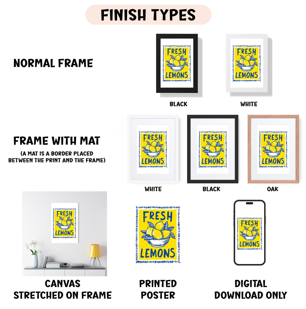 various types of framed artwork, including a normal frame, a frame with a mat, a white frame, a black frame, a white frame, a black frame, an oak frame, a canvas stretched on a frame, a printed poster, and a digital download only.
