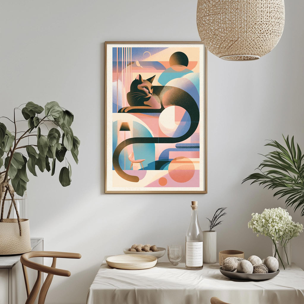a modern art print hanging on a wall above a dining table with various decorative items and plants.
