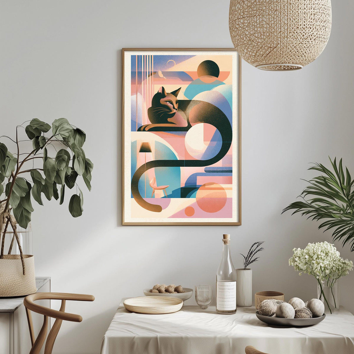 a modern art print hanging on a wall above a dining table with various decorative items and plants.