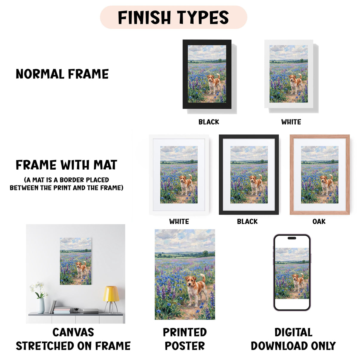 various finish types for a painting, including a normal frame, a frame with a mat, white, black, and oak frames, and a canvas stretched on a frame, a printed poster, and a digital download only.