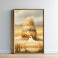 The image is a painting of a ghost standing in a field of hay bales, with a cloudy sky in the background.