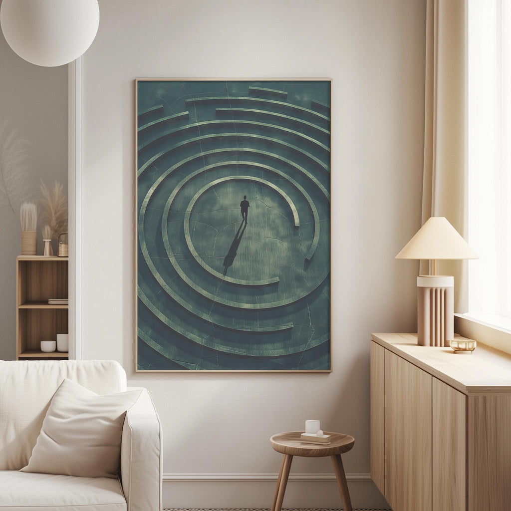 a living room with a large abstract painting hanging on the wall, depicting a person walking through a maze-like pattern. The room has a white sofa, a wooden side table, and a lamp on a wooden cabinet.