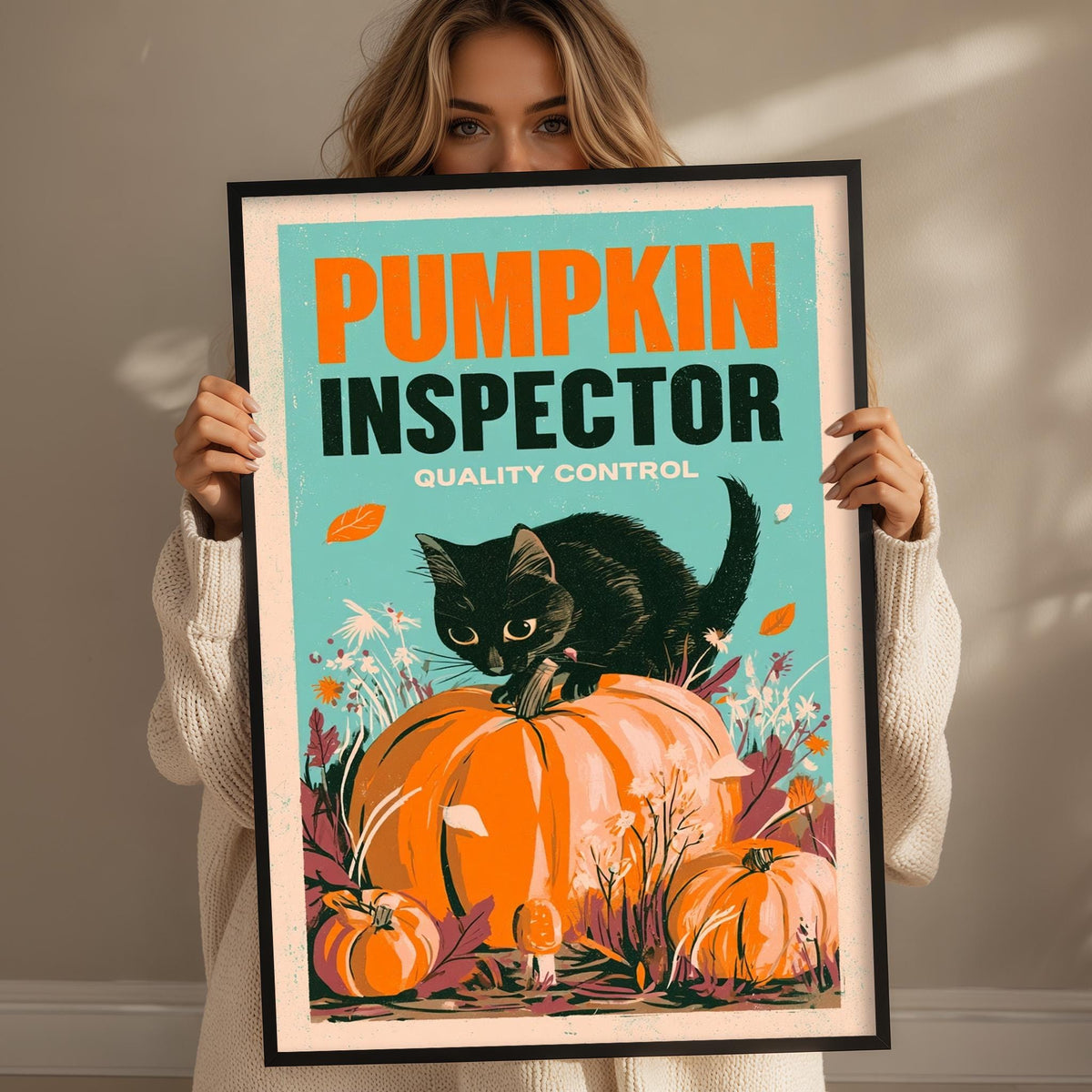 A woman is holding a framed poster with a black cat and pumpkins, with the text "Pumpkin Inspector Quality Control" on it.