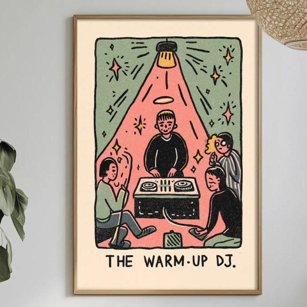 a framed illustration of a group of people sitting around a table, with a DJ playing music in the background.