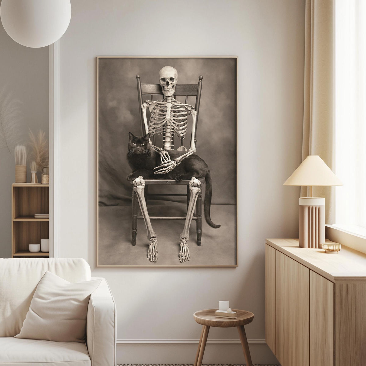 a skeleton sitting in a chair with a cat on its lap, creating a unique and intriguing scene.