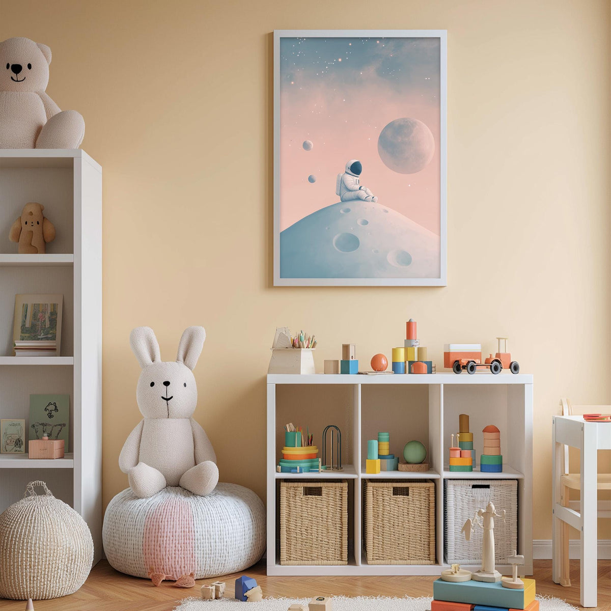 A cozy children's bedroom with a large stuffed bunny, a bookshelf, and a toy storage unit filled with toys. The walls are painted a light peach color, and a framed poster of an astronaut on a planet hangs above the storage unit.