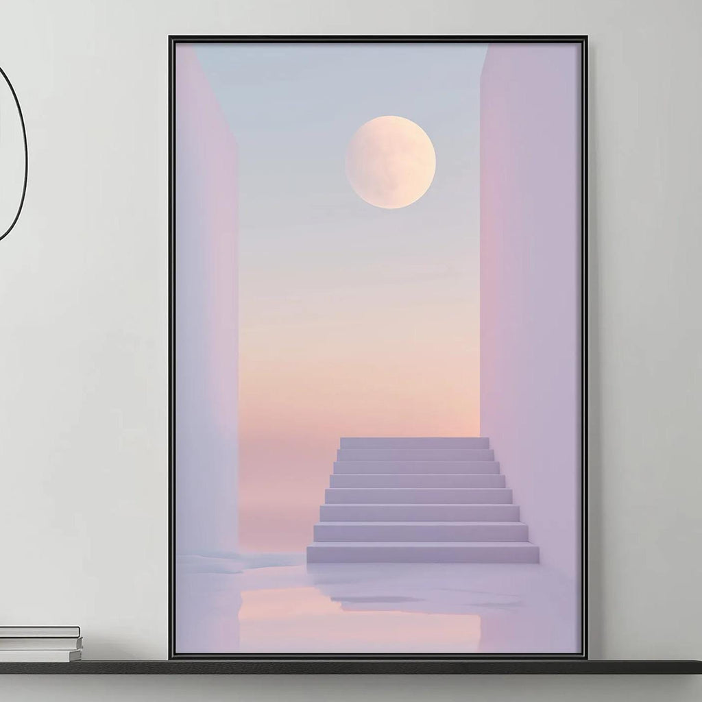 a modern living room with a gray sofa, a coffee table, and a large framed poster of a staircase leading to a moonlit sky. The room has a minimalist and contemporary design, with a few decorative elements such as a potted plant and a vase.