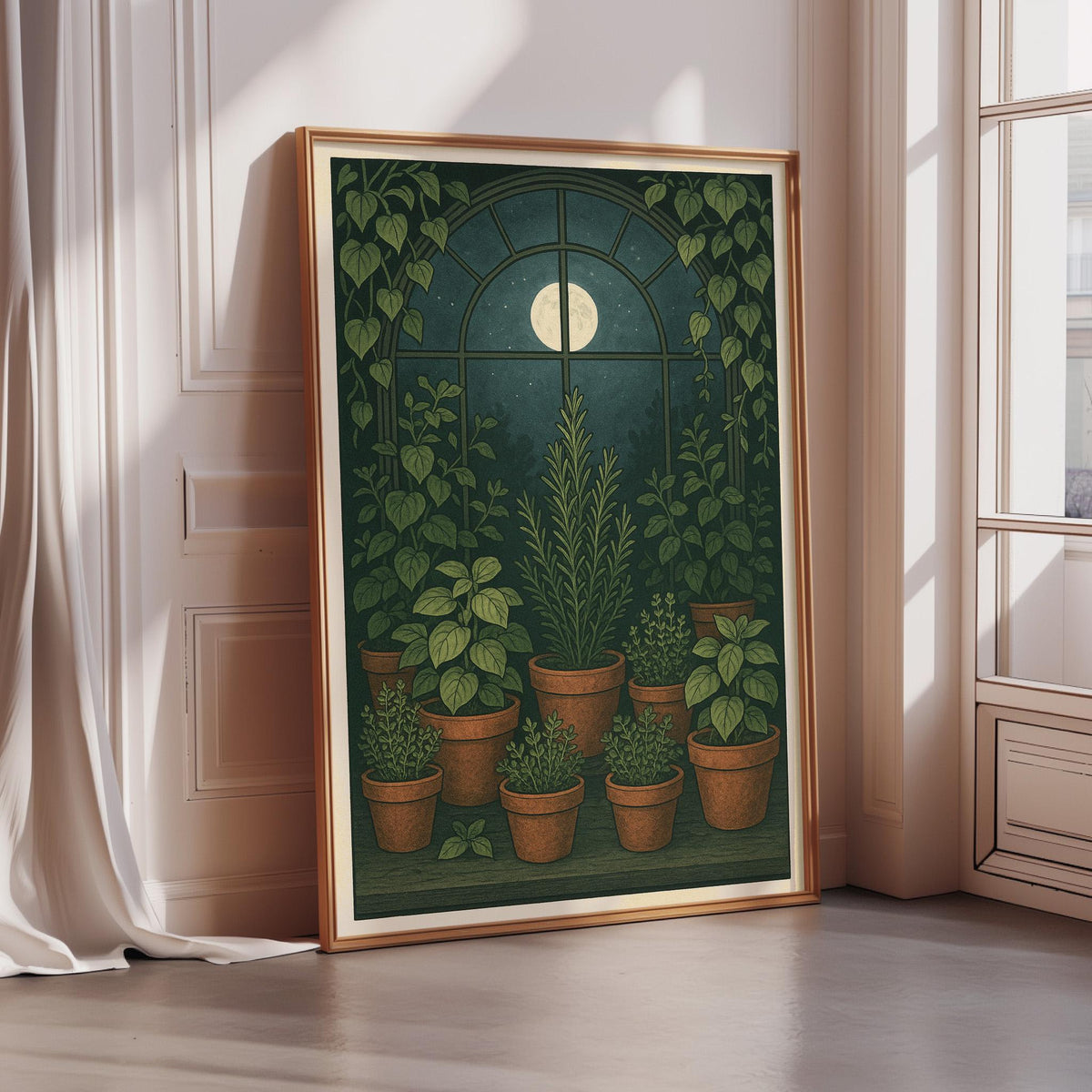A framed illustration depicting a night scene with a full moon, plants in terracotta pots, and a window with a green plant.