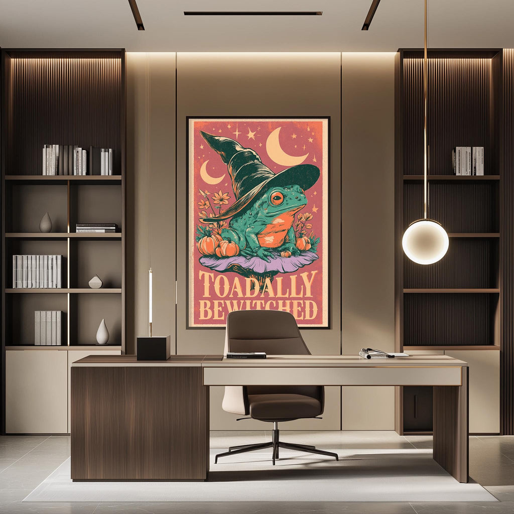 a modern office space with a large framed poster of a frog wearing a witch's hat on the wall. The poster is surrounded by bookshelves and a desk with a chair.