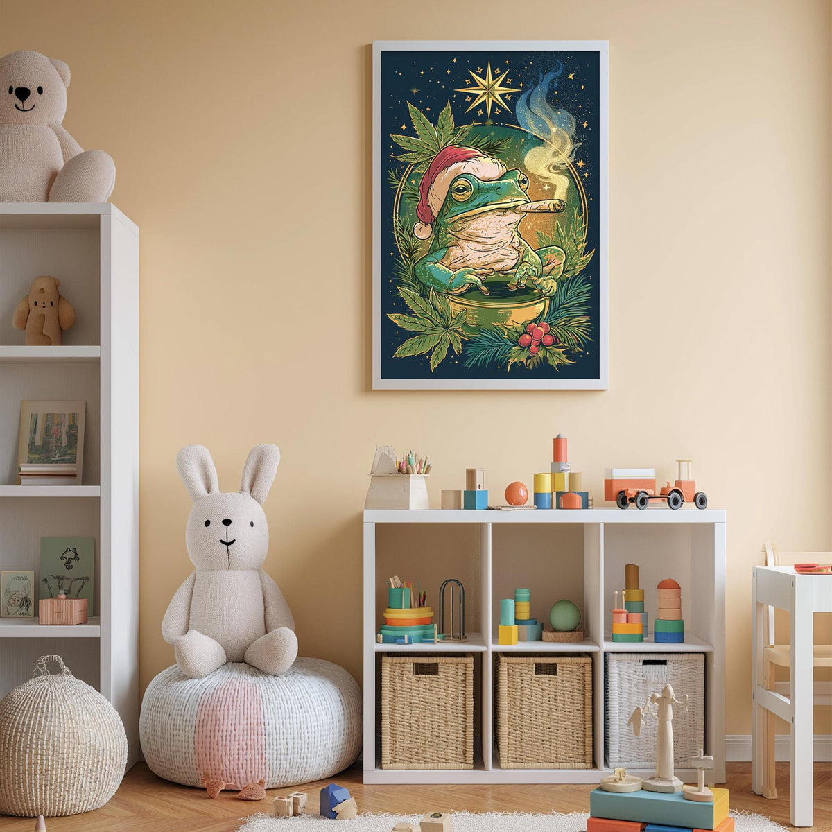 A child's bedroom with a white rabbit sitting on a bean bag chair, surrounded by toys and a bookshelf. A framed illustration of a frog wearing a Santa hat is hanging on the wall above the bookshelf.