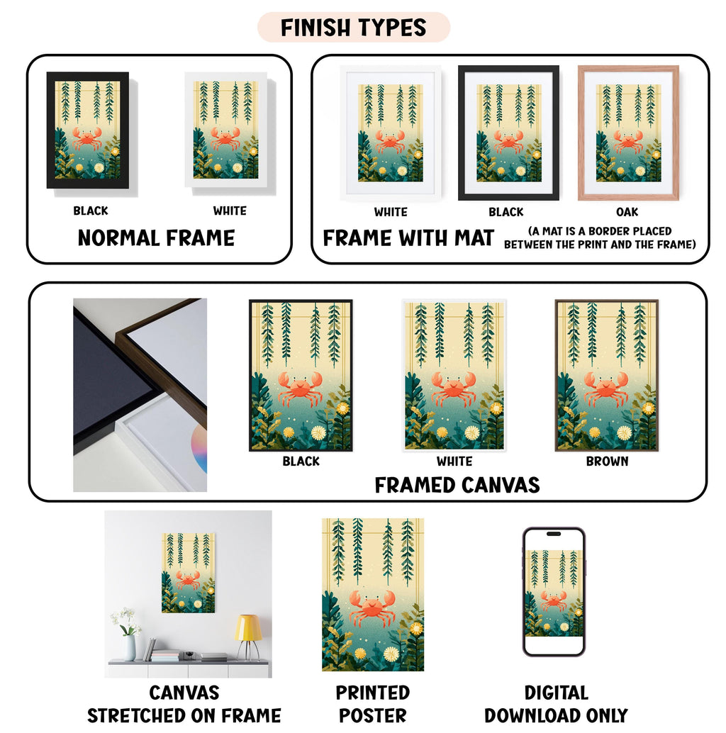 various types of artwork, including framed prints, canvas prints, and digital versions, each with different finishes and frame styles.