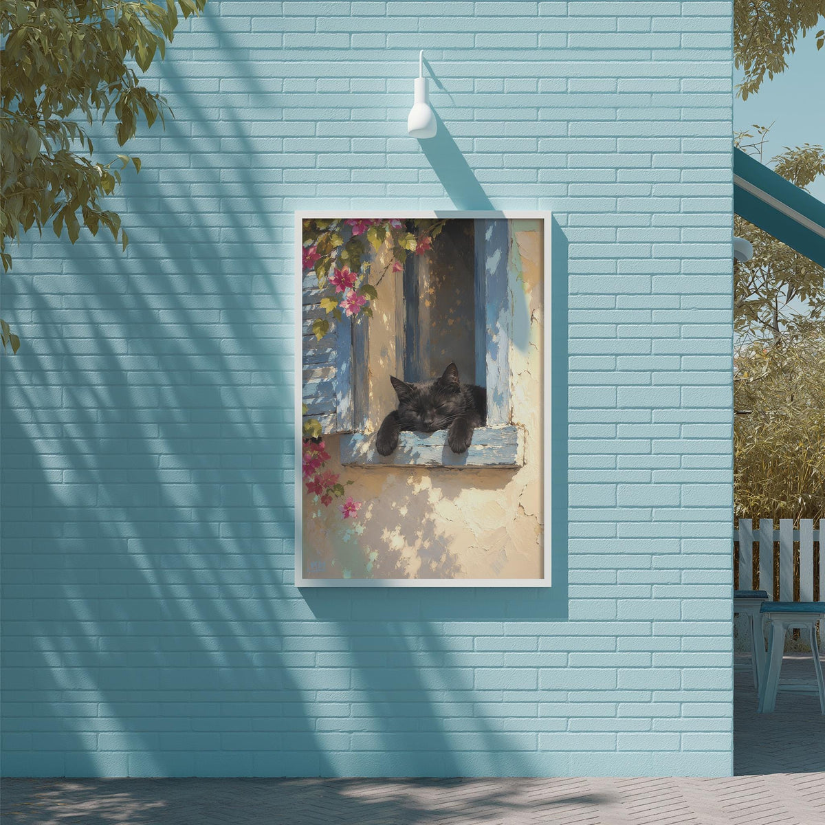 A framed painting of a black cat resting on a window sill, with pink flowers and a blue wall in the background.