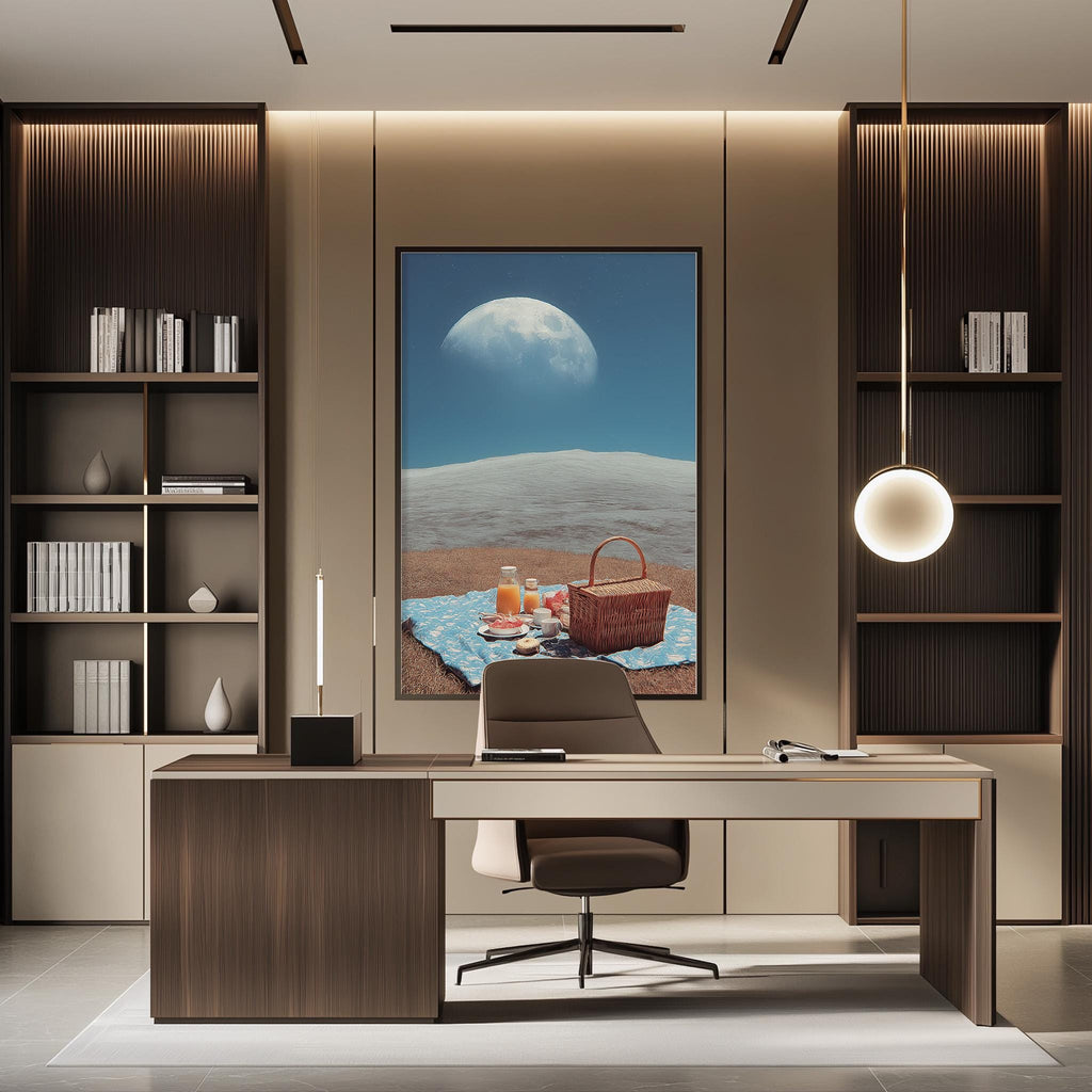 a modern office space with a large framed picture of a beach scene hanging on the wall, featuring a picnic basket and a vase of flowers. The office has a wooden desk and chair, and the overall design has a sleek and contemporary aesthetic.