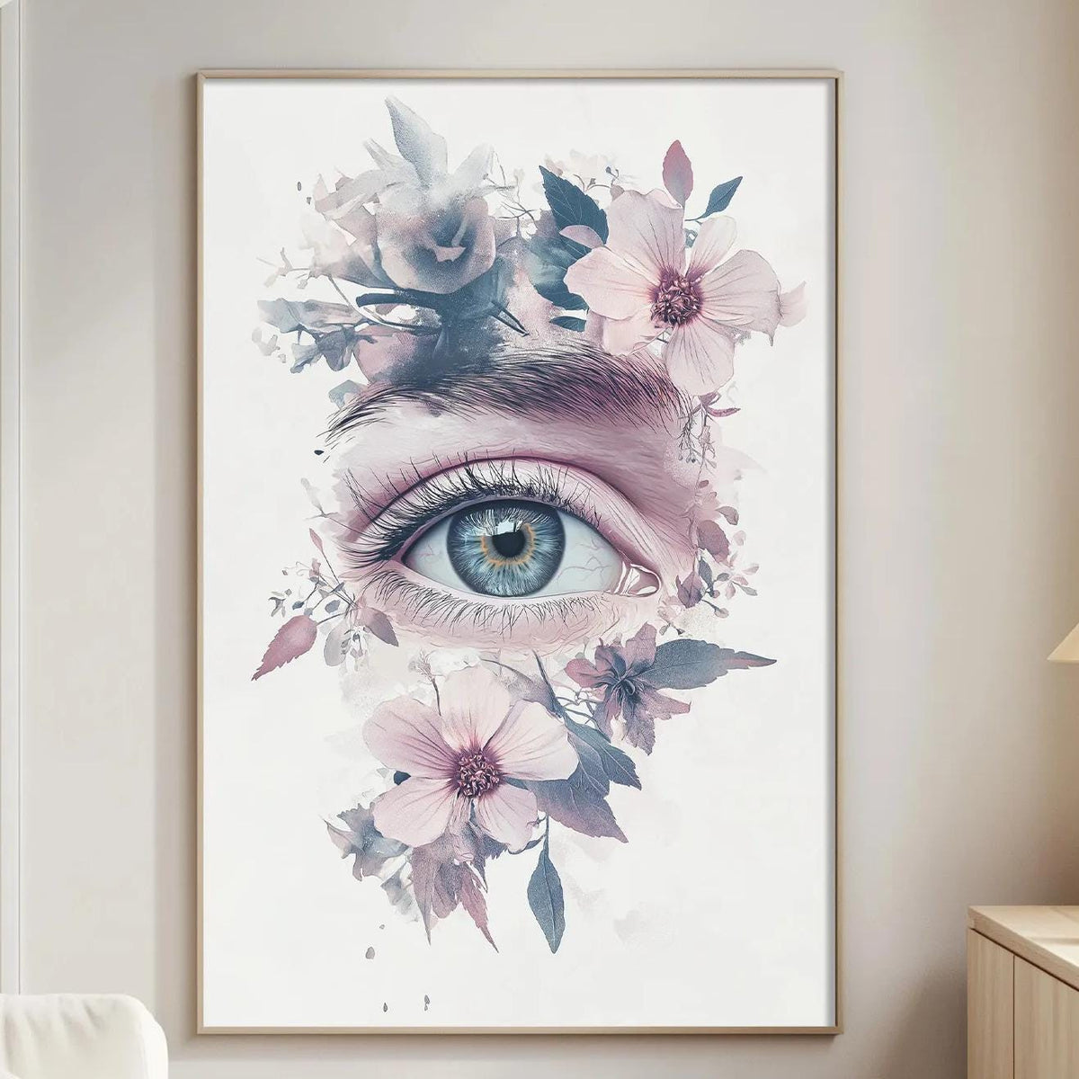 a large framed painting of a flowery eye on a wall in a living room.