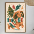 a cozy and festive scene with a framed illustration of a dog wearing a scarf, surrounded by holiday decorations such as a Christmas tree and stars. The dog is standing on a white tablecloth, and there are various decorative elements like potted plants, vases, and bowls in the background.