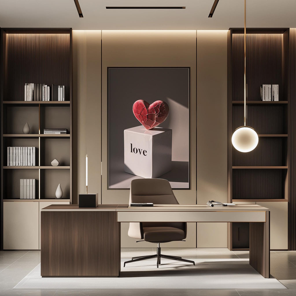 a modern and minimalist office space with a desk, chair, and shelving units. The room has a neutral color scheme with wood paneling and a large abstract painting of a heart on the wall.
