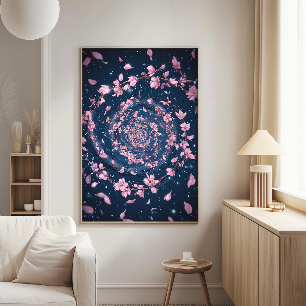 a large framed artwork depicting a spiral pattern of pink flowers against a dark blue background, hanging on a wall in a living room.