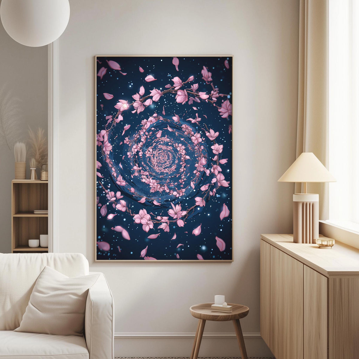 a large framed artwork depicting a spiral pattern of pink flowers against a dark blue background, hanging on a wall in a living room.
