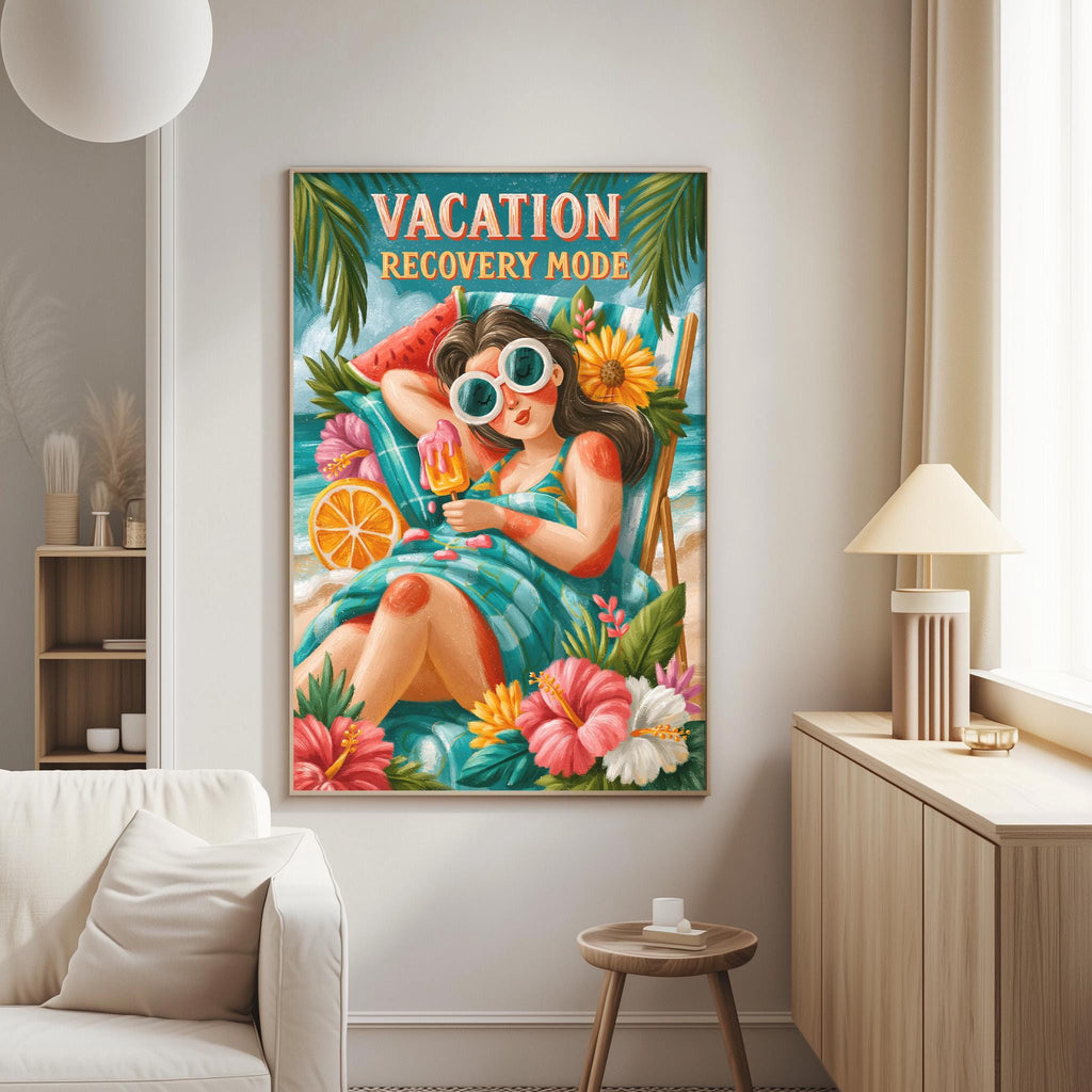 a vibrant and colorful painting of a woman lounging on a tropical beach, surrounded by various tropical elements such as flowers, palm trees, and an orange.