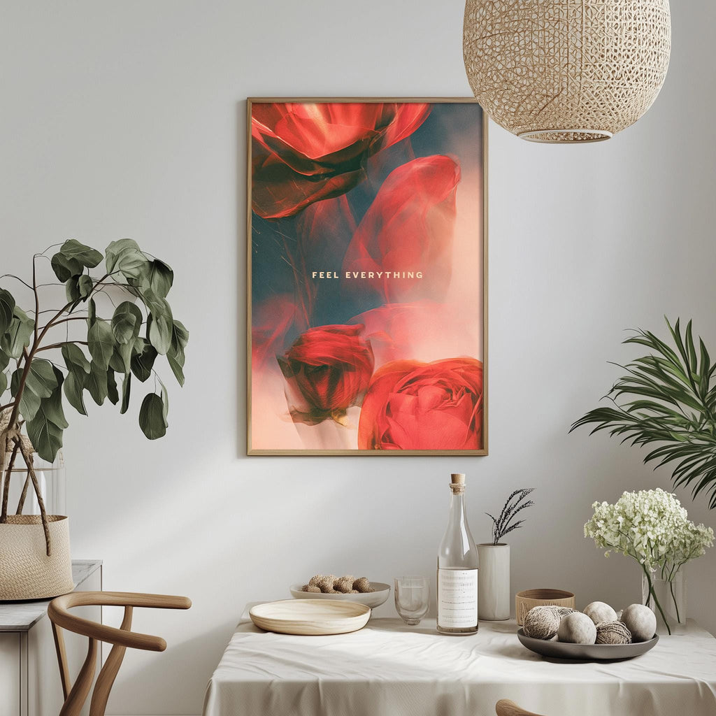 a dining table with a white tablecloth, a bowl of fruit, a bottle, and a vase with flowers. Above the table, there is a framed poster with a red rose and the text "FEEL EVERYTHING" displayed on it.