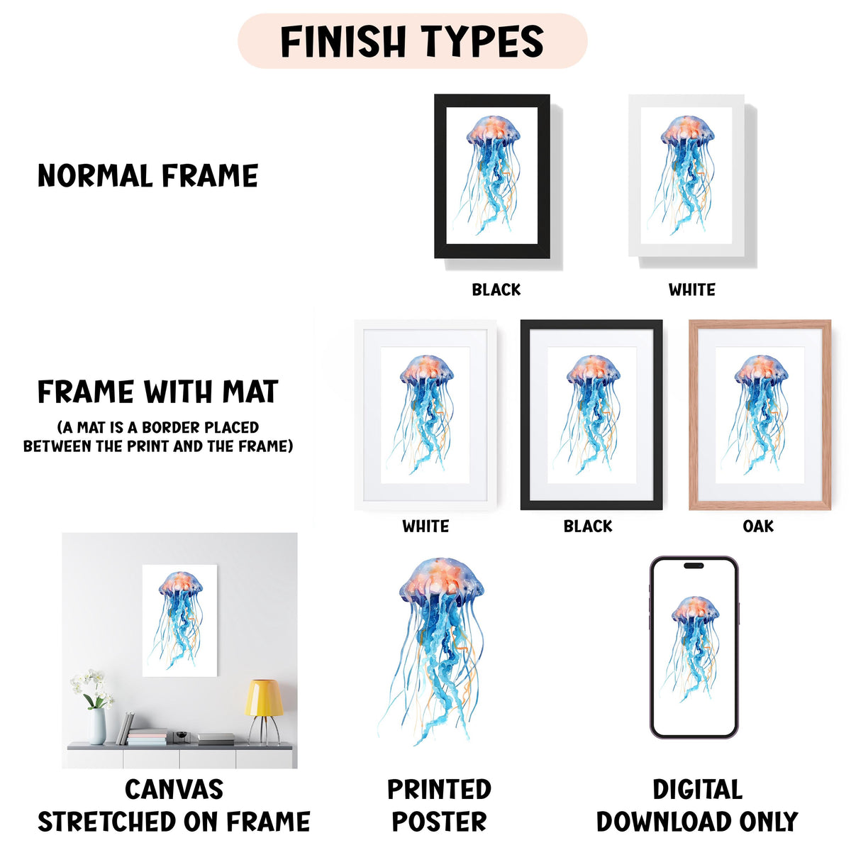 various types of framed artwork, including a jellyfish illustration, a mat placed between the print and the frame, and different frame colors.