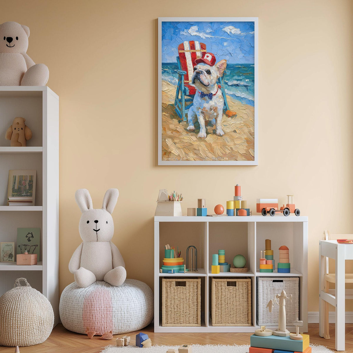 A child's bedroom with a white bookshelf, a stuffed rabbit, a toy chair, and a framed painting of a dog on the wall.