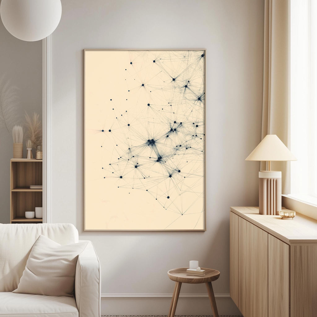 a living room with a white sofa, a wooden side table, and a framed abstract artwork hanging on the wall.